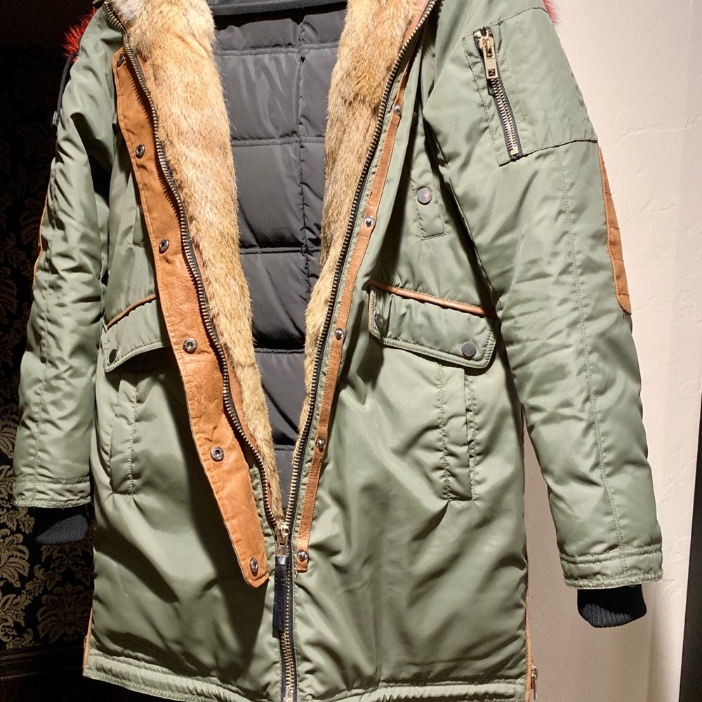 Exc Cond. Nicole Benisti Red Fur hood Olive Puffer luxury Coat szM (mid thigh) - Picture 4 of 8